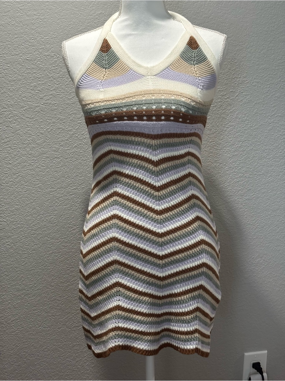 Pink Rose Striped Knit Halter Mini Open Knit Dress in Cream, Brown & Light Blue